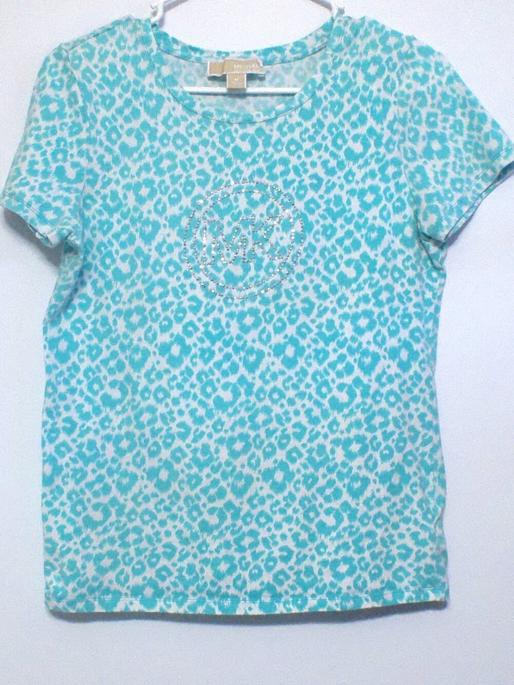 Title: Michael Kors T Shirt Women Medium Blue Leopard Logo Studded Stretch Short